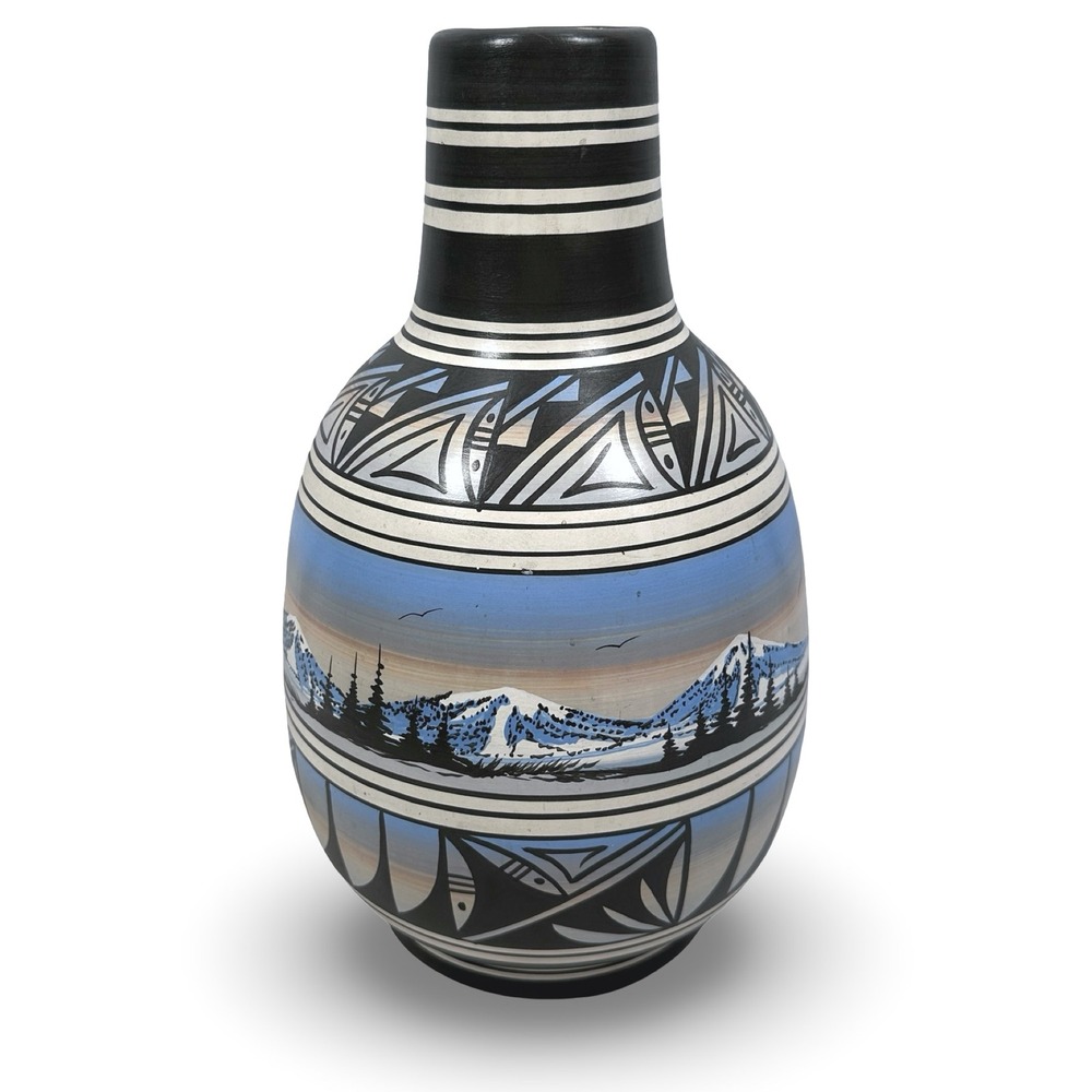 Nelson M Navajo Hand Painted Mountain Landscape Ceramic Vase 80s Blue Gray Black